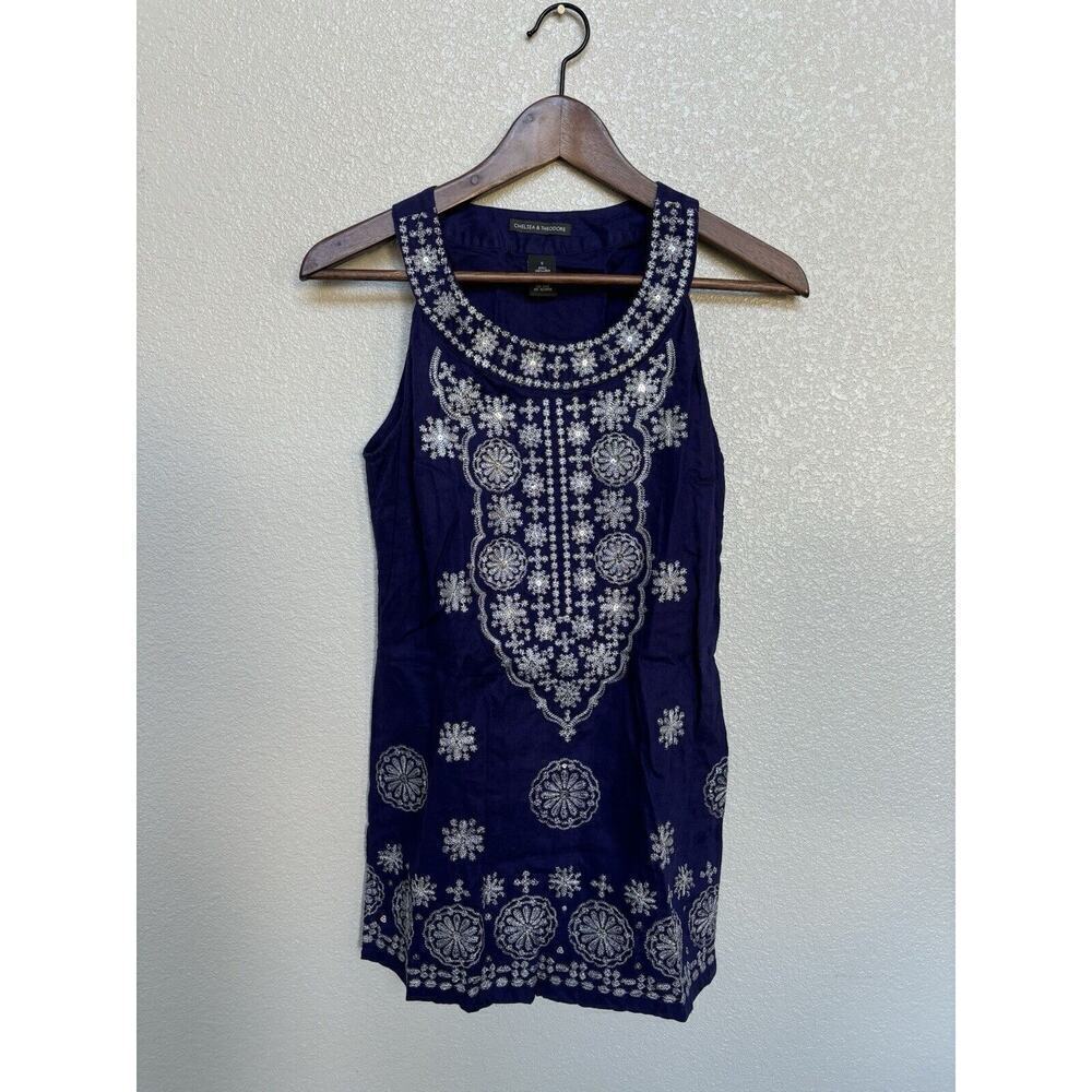 Chelsea & Theodore linen embroidered purple tunic sleeveless boho sequin women S
